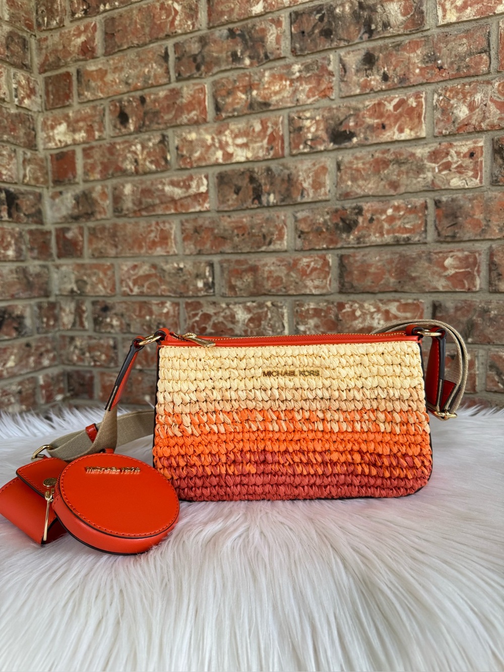 Michael Kors Orange Ombre Woven Straw Crossbody with Orange Accents
